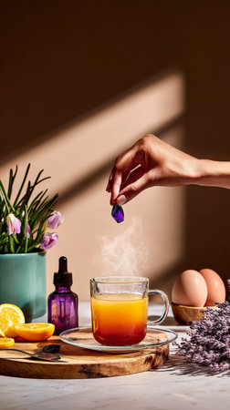 Female hand adding amethyst to herbal tea with citrus and eggs in boho interior.の素材