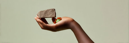 African female hand holding clay and crystals against neutral background.の素材