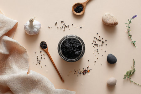 Black caviar with garlic, herbs, and stone decor on beige background.の素材