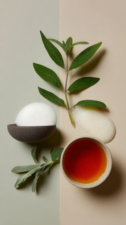 Herbal spa composition with sage leaves, aromatic tea, and soap forth on split background.の素材