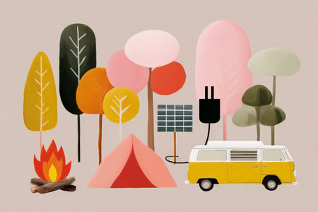 Retro camping scene with yellow van, solar panel, campfire, tent, and stylized trees.の素材