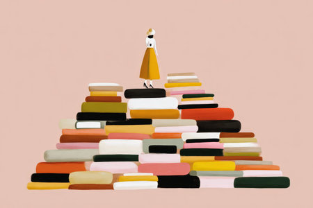 Abstract painting of female figure in yellow dress on colorful books stack.の素材