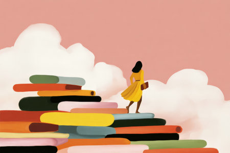 Young african female in yellow dress standing on colorful books under cloudy pink sky.の素材