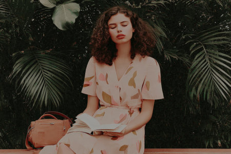 Young caucasian female reading book in tropical garden.の素材