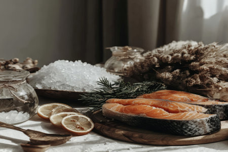 Raw salmon fillets with lemon slices and sea salt on rustic table setting.の素材