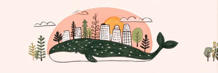 Whimsical whale with urban skyline and nature elements in cartoon style.の素材
