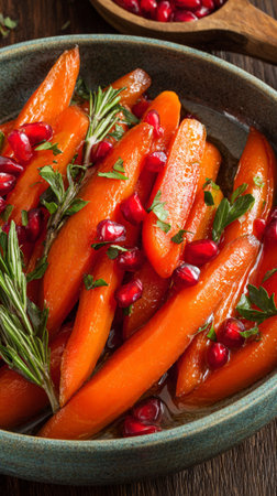 Glazed carrots with pomegranate and fresh herbs in ceramic bowl.の素材