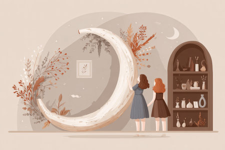 Two caucasian girls admiring rustic decor and crescent moon in cozy vintage room.の素材
