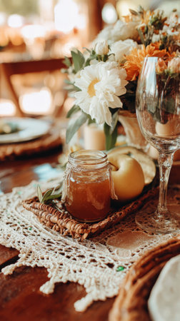 Rustic autumn table setting with honey jar, flowers, and apples.の素材