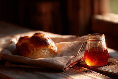 Freshly baked bread and honey jar on rustic wooden table in warm sunlight.の素材