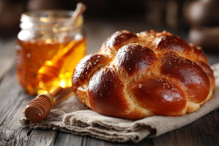 Golden honey jar and freshly baked challah bread on rustic cloth.の素材
