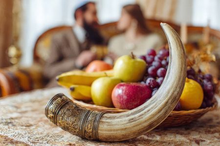 Traditional jewish holiday celebration with shofar and fruit basket in warm setting.の素材