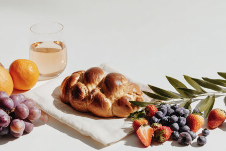 Assorted fresh fruits and challah bread with white wine on linen cloth.の素材