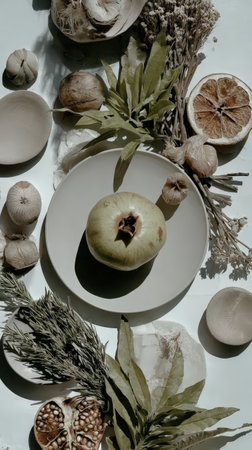 Rustic arrangement with pomegranate and dried botanicals on neutral background.の素材