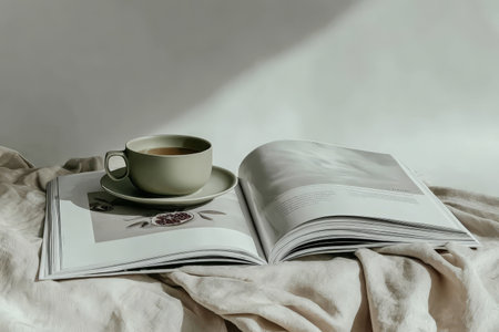 Morning coffee and open book on linen tablecloth in soft light.の素材