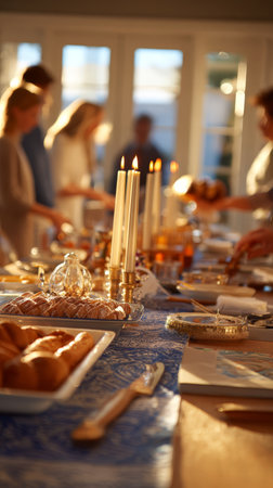 Elegant dinner gathering with candles and delicious food spread.の素材