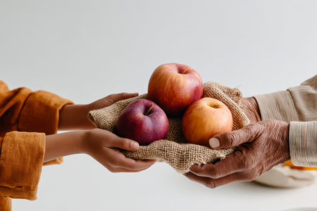 Elderly caucasian hands passing apples to child in a symbolic gesture of generosity and sharing.の素材