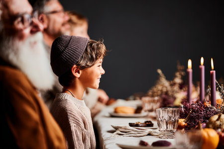 Young caucasian boy enjoying thanksgiving dinner with family at festive table.の素材