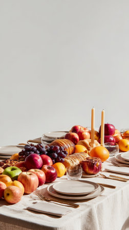 Elegant table setting with a variety of fresh fruits and candles.の素材