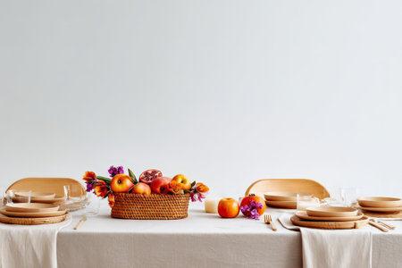 Elegant table setting with fruit basket and wooden chairs in minimalist dining room.の素材