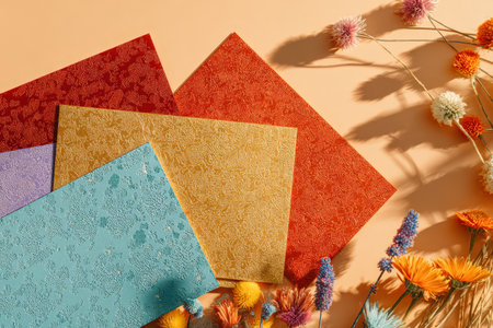 Colorful textured paper and dried flowers on peach background.の素材