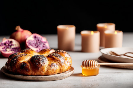 Challah bread with honey and pomegranates in candlelit setting.の素材