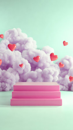 Surreal pink stage with floating hearts and purple clouds on mint background.の素材