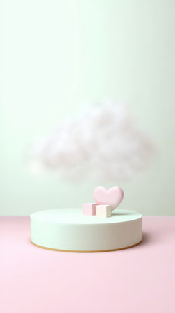 Minimalist pastel display with heart and geometric shapes on soft background.の素材