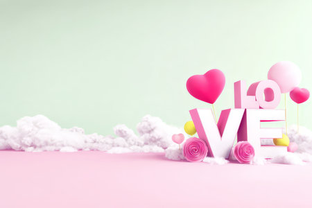 Love theme with heart balloons and decorative clouds on pastel background.の素材