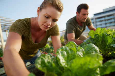 Caucasian adults gardening together in urban vegetable garden.の素材