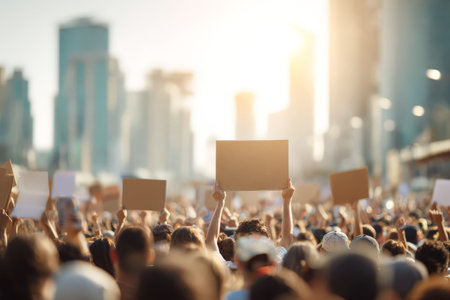 Diverse crowd holding signs in urban protest at sunset.の素材