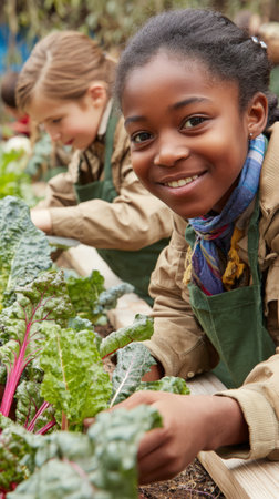 Smiling african female child gardening with caucasian male child in community garden.の素材