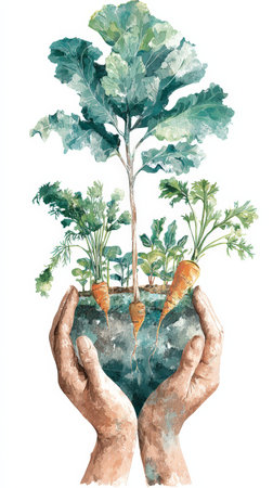 Hands holding earth with growing vegetables: carrots and greens.の素材