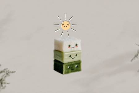 Cute sunny smiling stacked cubes with faces on pastel background.の素材