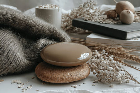 Cozy autumn setup with oatmeal bowl, sweater, and relaxation stone on linen surface.の素材