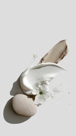 Minimalist skincare composition with creams, stone, and white flower on light background.の素材