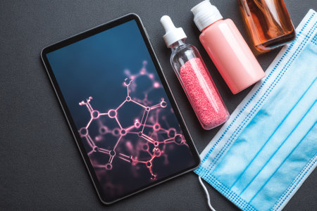 Tablet displaying molecular structure with droppers and face mask on table.の素材