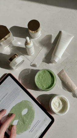 Skincare products and tablet with green face mask on white surface.の素材
