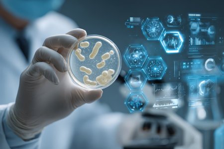 Lab researcher analyzing bacteria with digital interface technology.の素材
