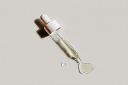 Clear serum dropper with liquid spillage on white background.の素材