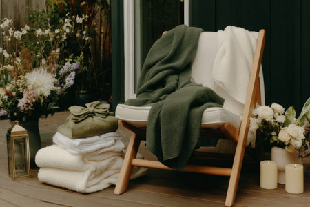 Cozy outdoor patio with chair, soft blankets, and decorative flowers.の素材