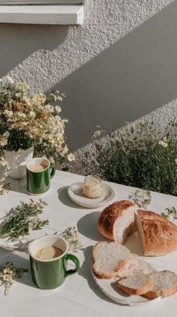 Rustic table setting with fresh bread, butter, and wildflowers in sunlight.の素材