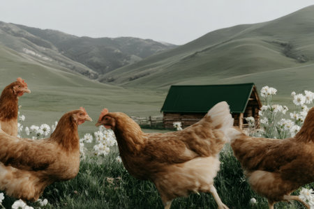 Chickens roaming in mountainous pasture with rustic cabin in background.の素材