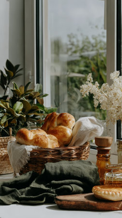 Rustic bread in basket with greenery and soft natural light by window.の素材
