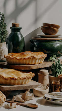 Rustic homemade pies with wooden bowls and herb decor in cozy kitchen setting.の素材
