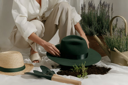 Female gardener planting herbs indoors with green hat and tools.の素材