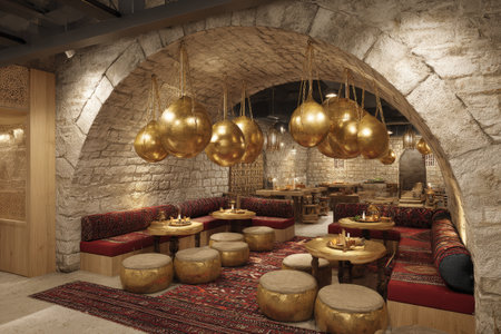 Elegant middle eastern restaurant interior with stone walls and golden lighting.の素材