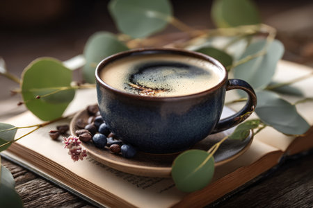 Rustic blue coffee cup on open book with berries and eucalyptus leaves.の素材