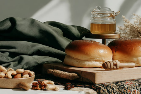Fresh bread and nuts with jar of honey on rustic wooden board.の素材