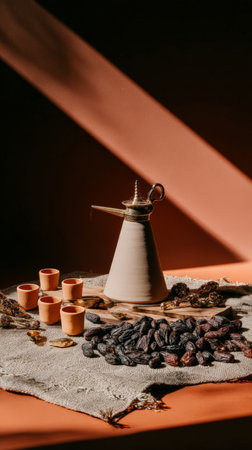 Traditional middle eastern coffee pot with dates and cups on rustic table.の素材